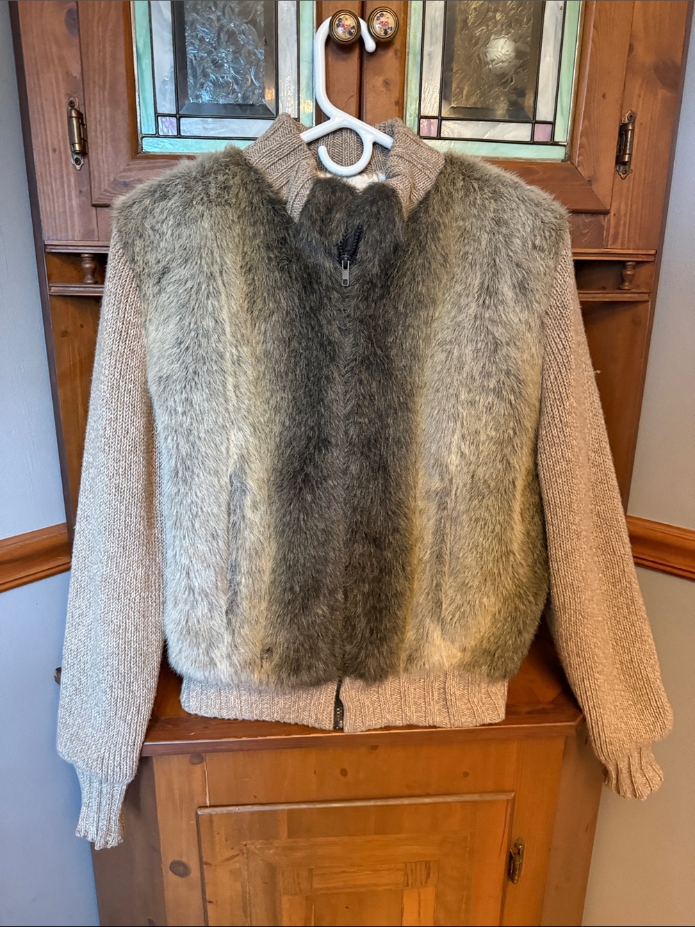 :Vintage Alpine Studio Faux Fur Knit Bomber Jacket Beige brown  L